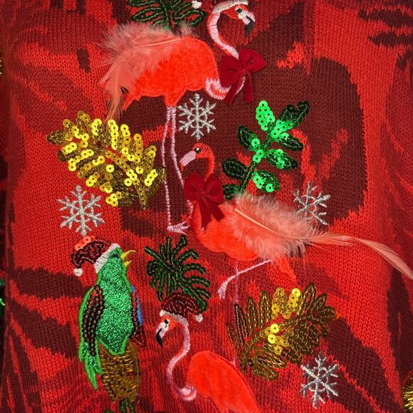 NWT 33 Degrees Flamingo Sequin Pom Pom Bell Ugly Christmas Sweater Womens Sz XL - Picture 2 of 8